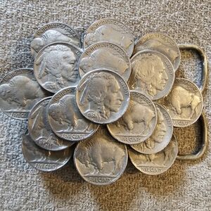 Vintage • CJ Inc 1986 Pewter Belt Buckle Faux Stacked Buffalo Nickels USA